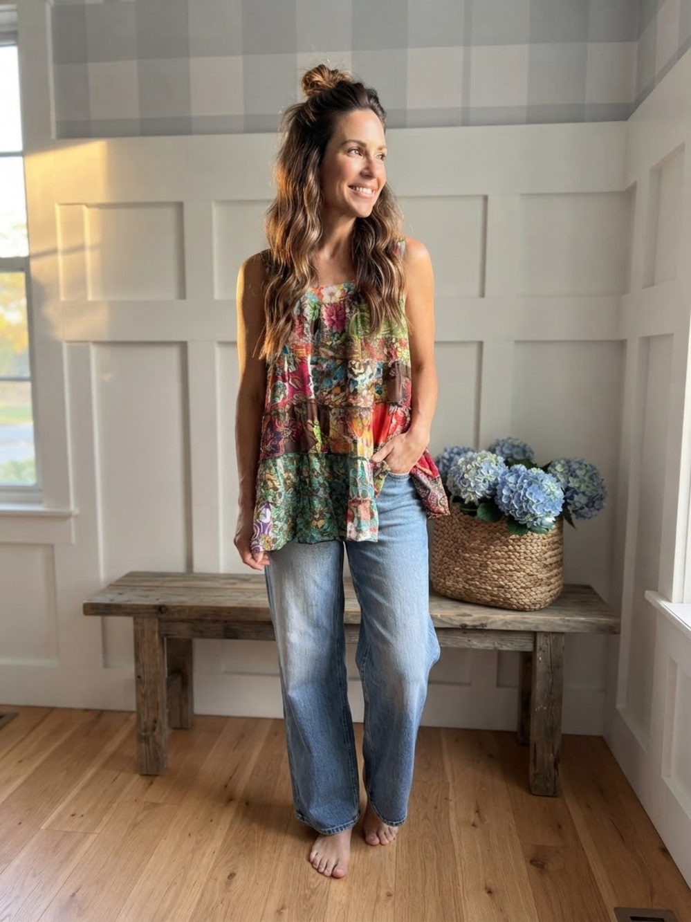 Ark Cotton Sleeveless Patchwork Floral Blouse Medium/Large